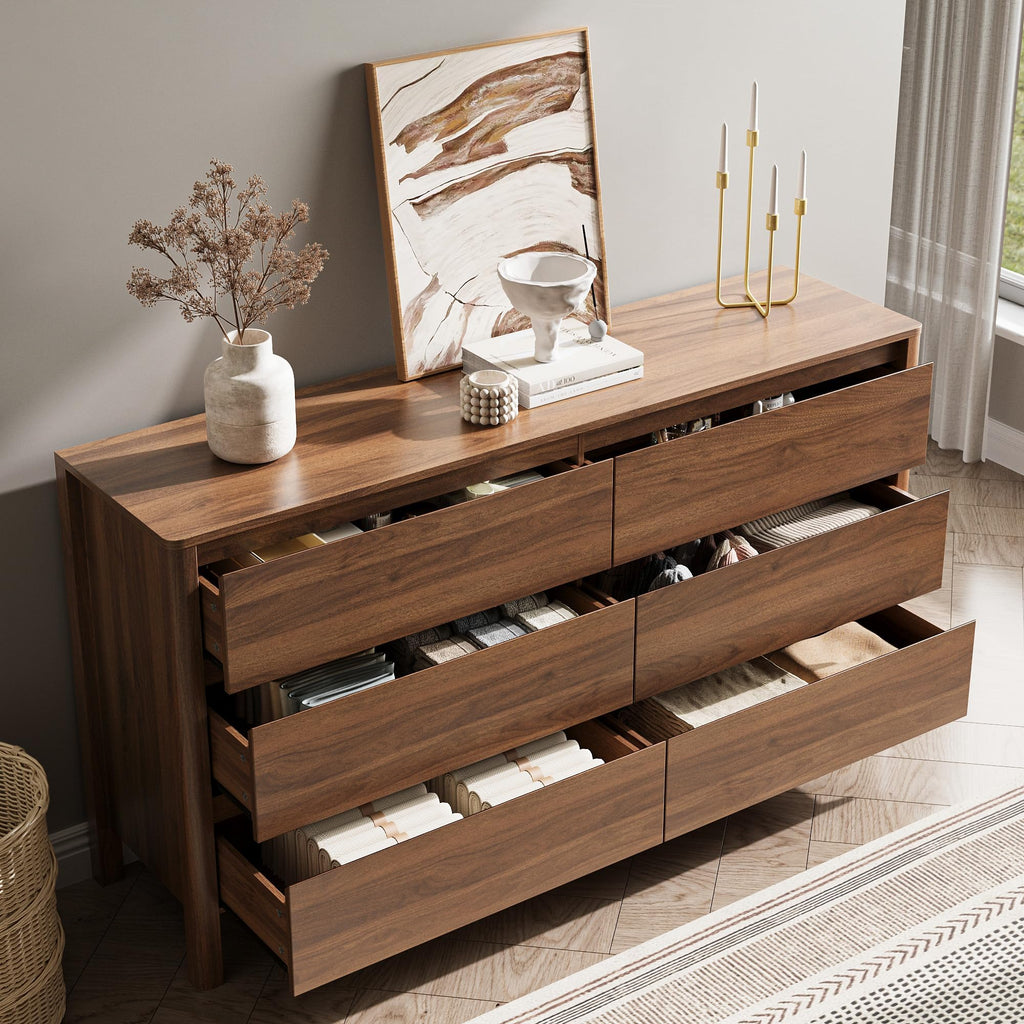 Walnut 6 Drawer Dresser, 55"Wide Modern Wood Dresser