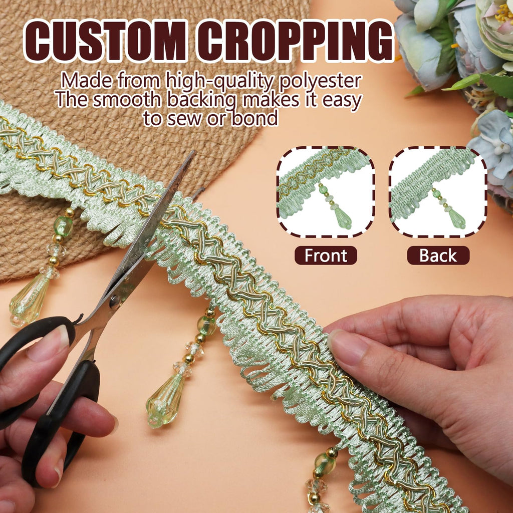 Green Beaded Fringe Trim, 4 Yard, 3.5 Inch Wide