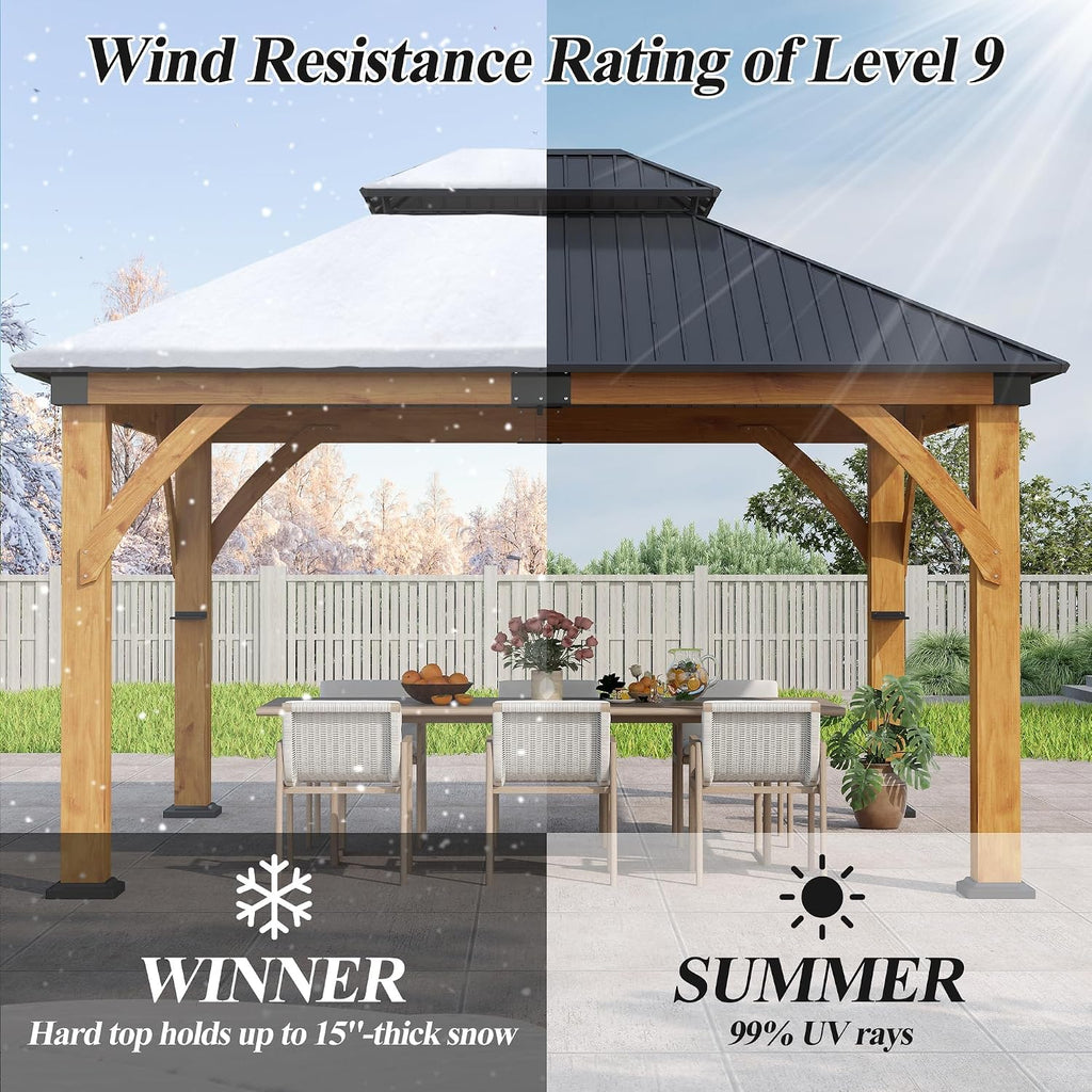 11'x 13' Outdoor Spruce Wood Gazebo - Patio Hardtop Gazebo Permanent Wooden Pavilion with 2 Shelves