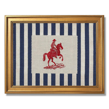 Framed Vintage Cowboy Canvas Wall Art Blue Striped Preppy Equestrian Poster Farmhouse Americana Horse Print Western