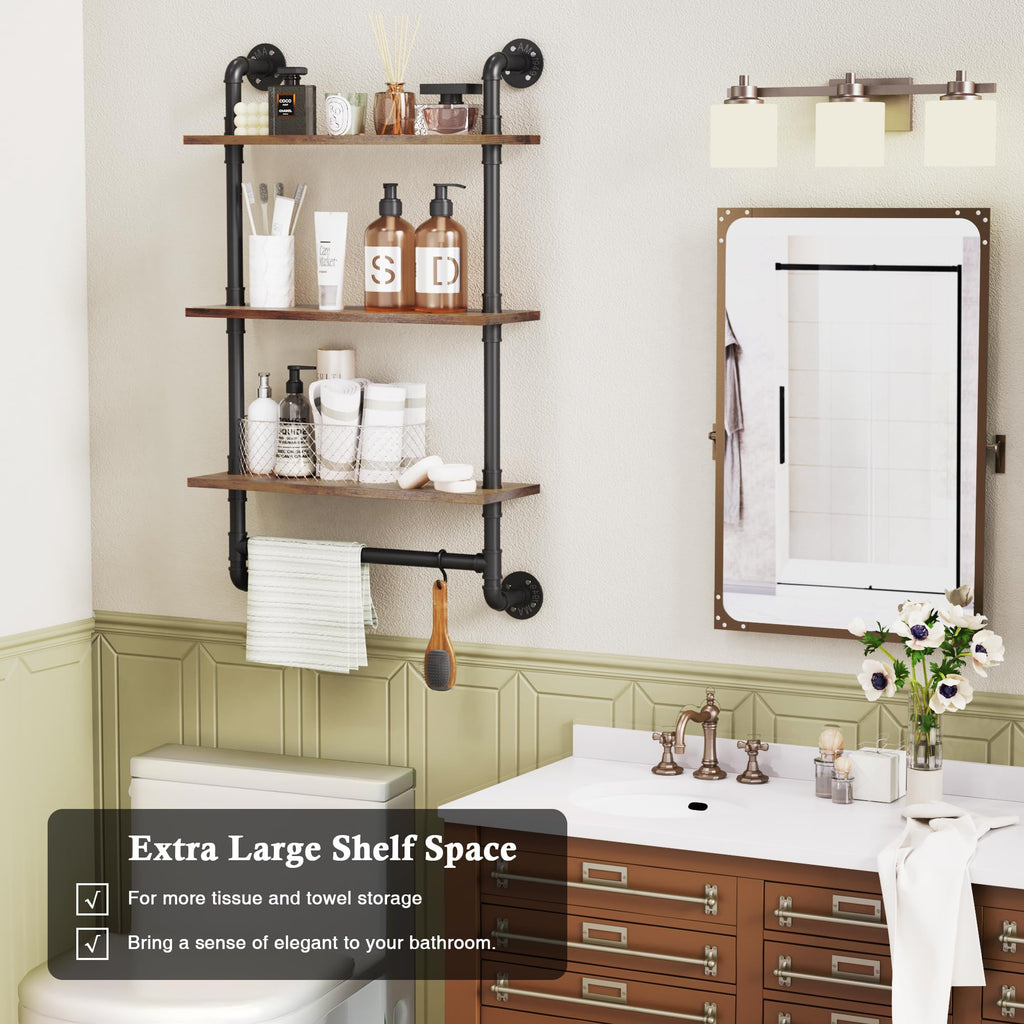 24" 3 Tier Industrial Floating Shelves with Tower Bar