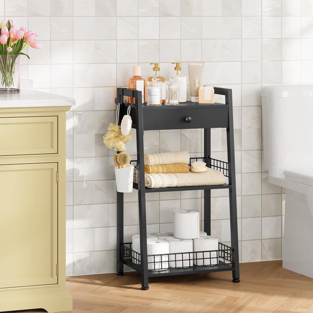 Bathroom Ladder Shelf with Drawer, 3-Tier Bathroom Storage, Black