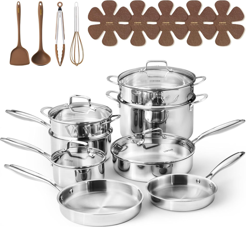 21pcs Tri-Ply Stainless Steel Cookware Set, Pots and Pans Set, Non Toxic Induction Kitchen Cooking Sets, Cookware