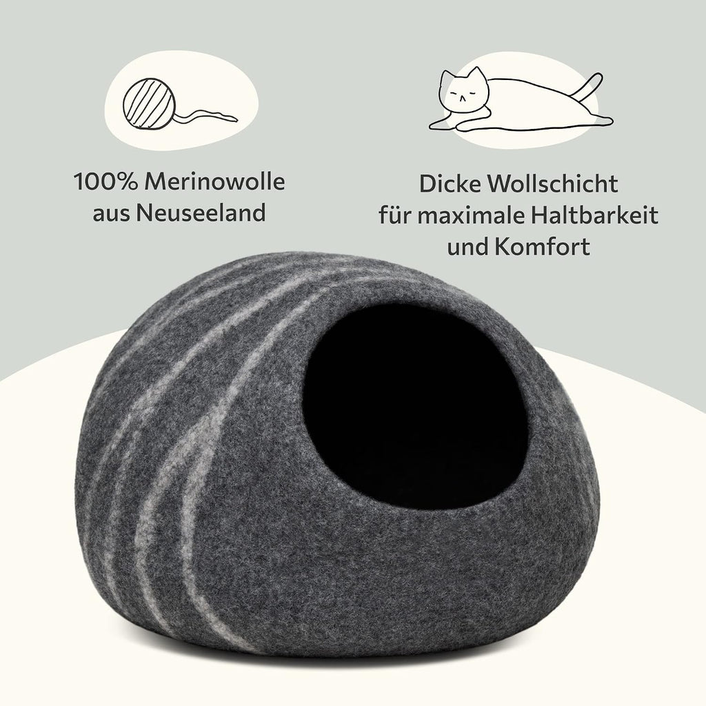 Premium Felt Cat Bed Cave (Dark Grey/Large) and Wool Ball Toys (6-Pack) Bundle