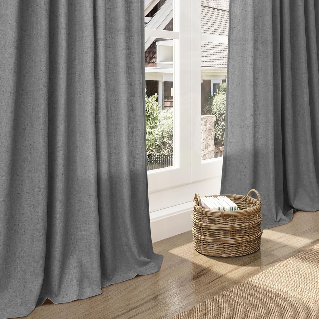 Dark Grey Linen Extra Long Curtain 108 Inches Long 2 Panels Set Back Tab Drapes Lively Farmhouse Light Filtering Semi