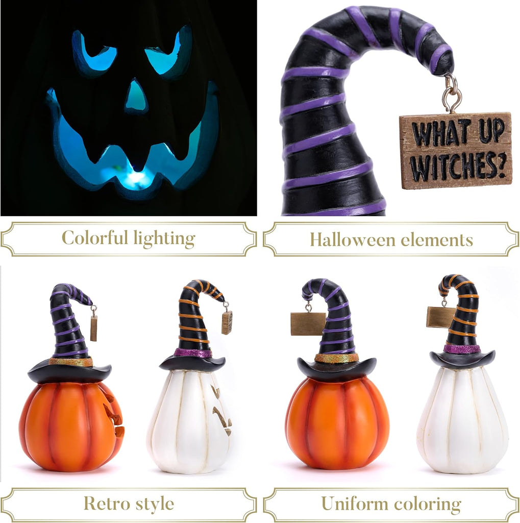 Pumpkin Halloween Decorations Indoor, Resin Halloween Figurines with Light, White and Orange Jack o Lantern - Set of 2