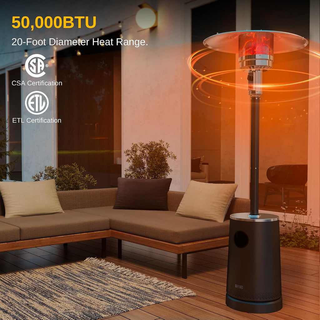 50,000 BTU Patio Heater with Sand Box, Table Design, Double-Layer Stainless Steel Burner, Wheels, Triple Protection