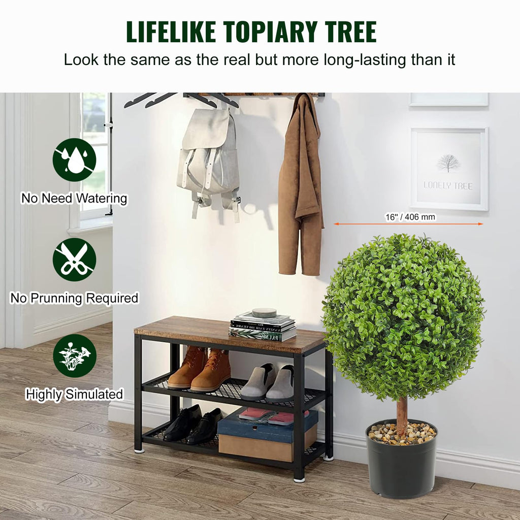 Artificial Topiaries Boxwood Trees, 24 inch Tall (2 Pieces), Ball-Shape Faux Topiaries Plant with Planters, Green