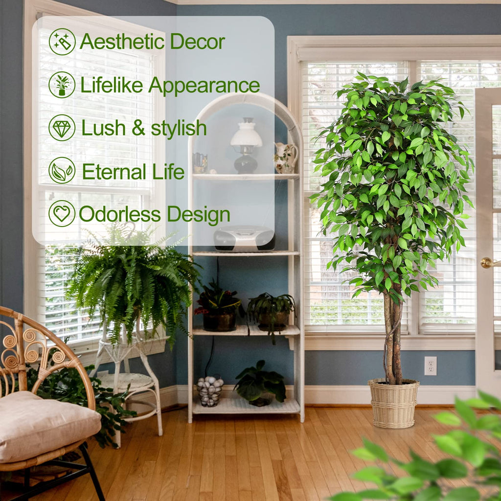 7ft Large Ficus Artificial Trees with Natural Curved Trunks, 84" Tall Lush Faux Tree Decor Indoor, Green Lifelike