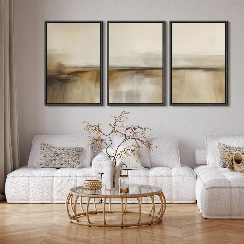 Framed Canvas Print Wall Art Set Desert Haze Abstract Neutral Beige and Brown Illustrations Modern Art Relax/Calm
