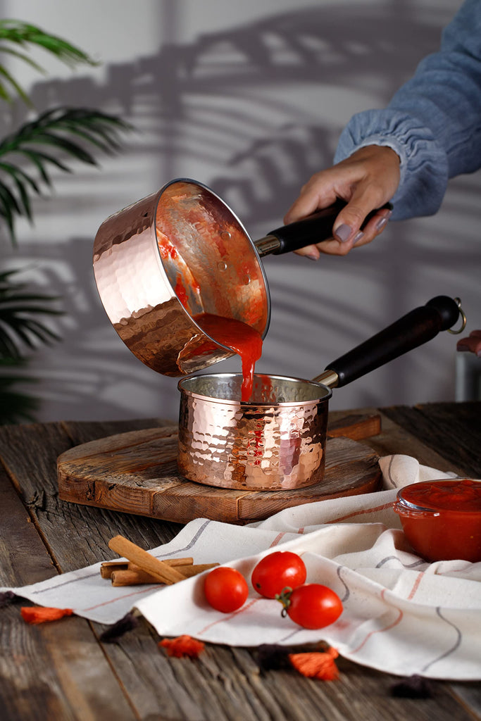 Copper Saucepan, 1mm Thick Solid Uncoated Copper, Wooden Handle, Tin Lined, 100% Handmade in Turkey (0.8
