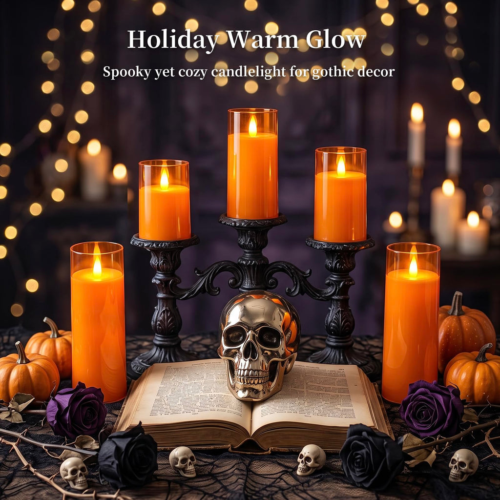 Orange Flameless Candles Realistic Flickering with Remote for Fall