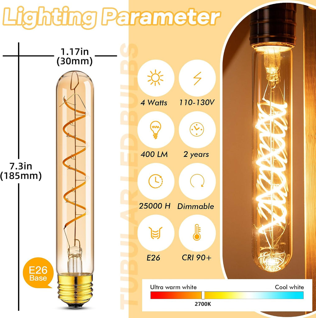 E26 Long Ediosn LED Bulb,Amber Light Bulbs 40 Watt,Spiral Filament