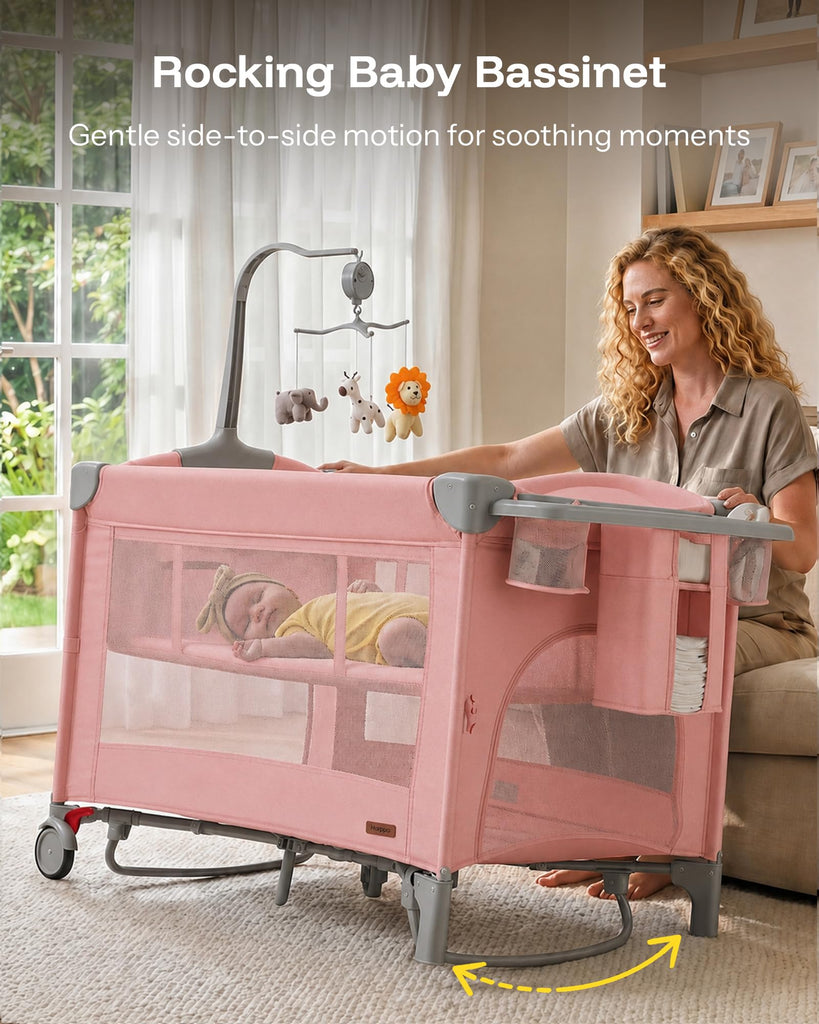 6 in 1 Play Yard with Bedside Bassinet, Foldable Playard