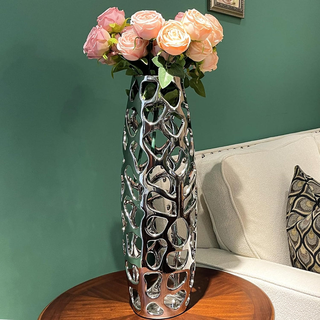 24'' High Ceramic Floor Vase Silver | Handmade Vase with Hand Carved Hollow Pattern for Decorative Branches and Dried