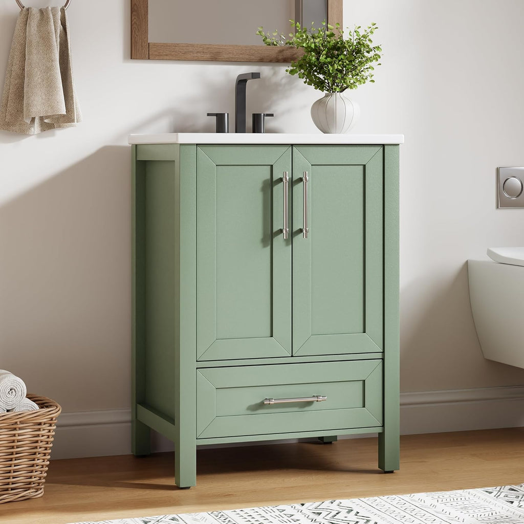 24" Light Green Freestanding Bathroom Vanity with Sink - Wooden Cabinet with Soft-Close Door