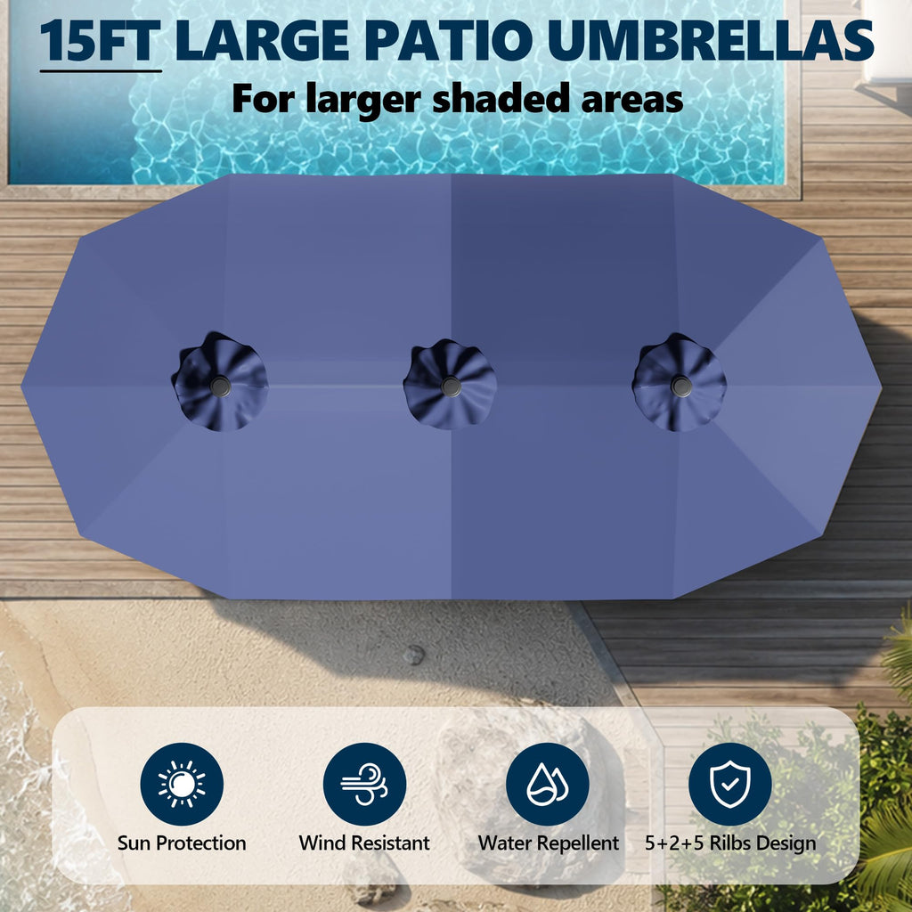 15ft Triple Umbrella Replacement Canopy Double Sided, Blue