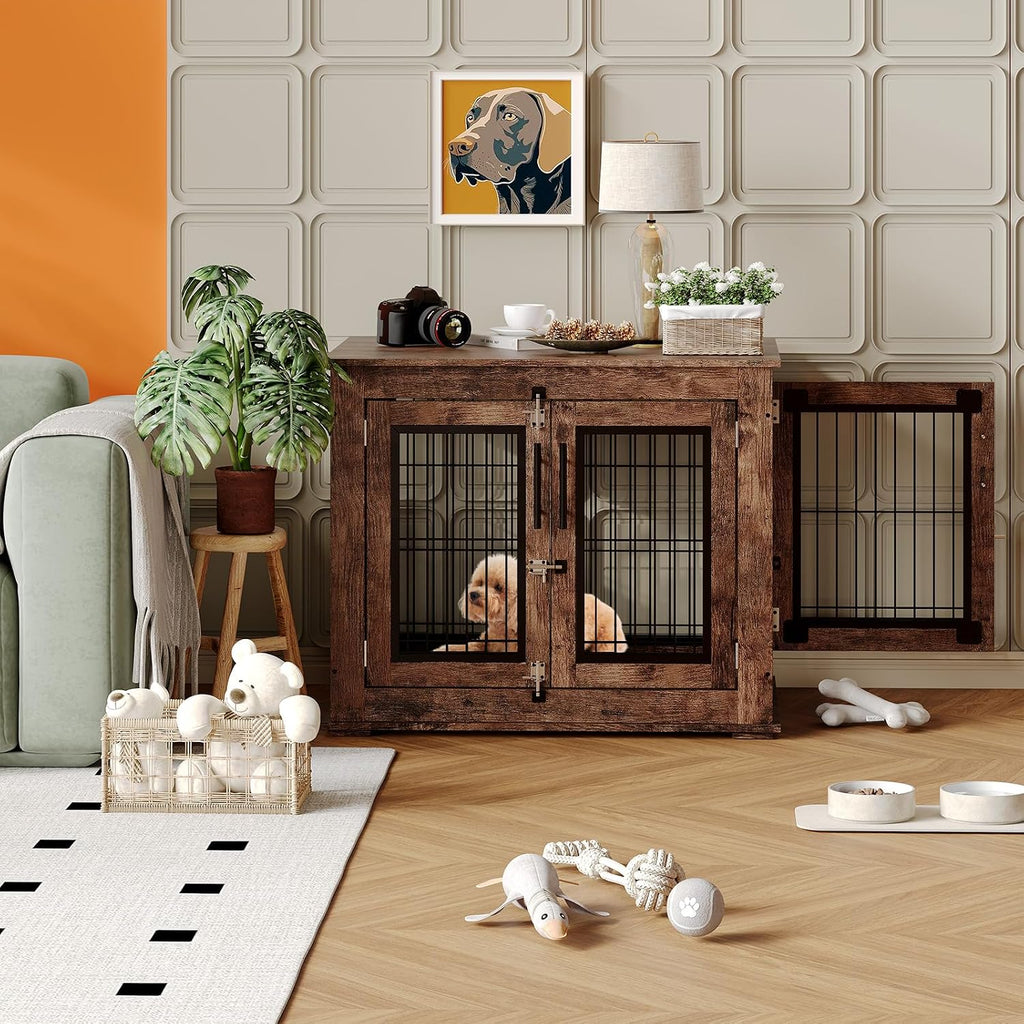 Farmhouse Dog Crate Furniture End Table - Heavy Duty Wooden Kennel Cabinet with Double Doors for Small/Medium Dogs