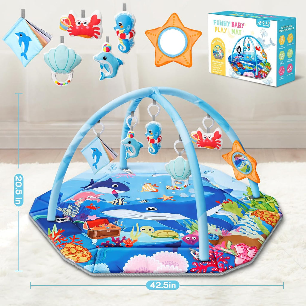 Gym Play Mat, in-1 Ocean Theme Tummy Time Mat & Ball Pit, Washable Baby Activity Play Mat for Visual, Hearing
