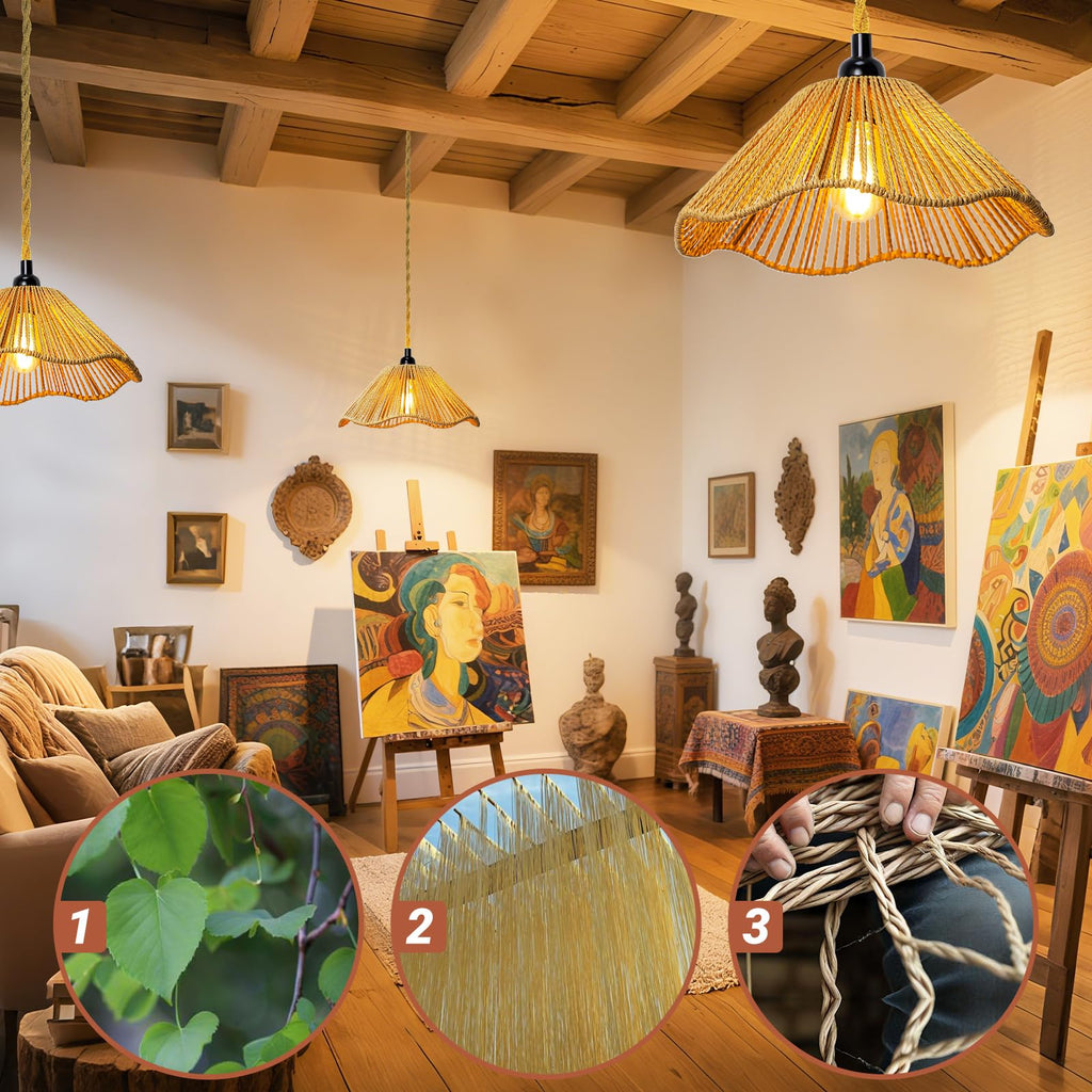 Hanging Lights with Plug in Cord Rattan Hanging Lamp Boho Ceiling Light Fixtures Farmhouse Pendant Lamp Shape Bedroom