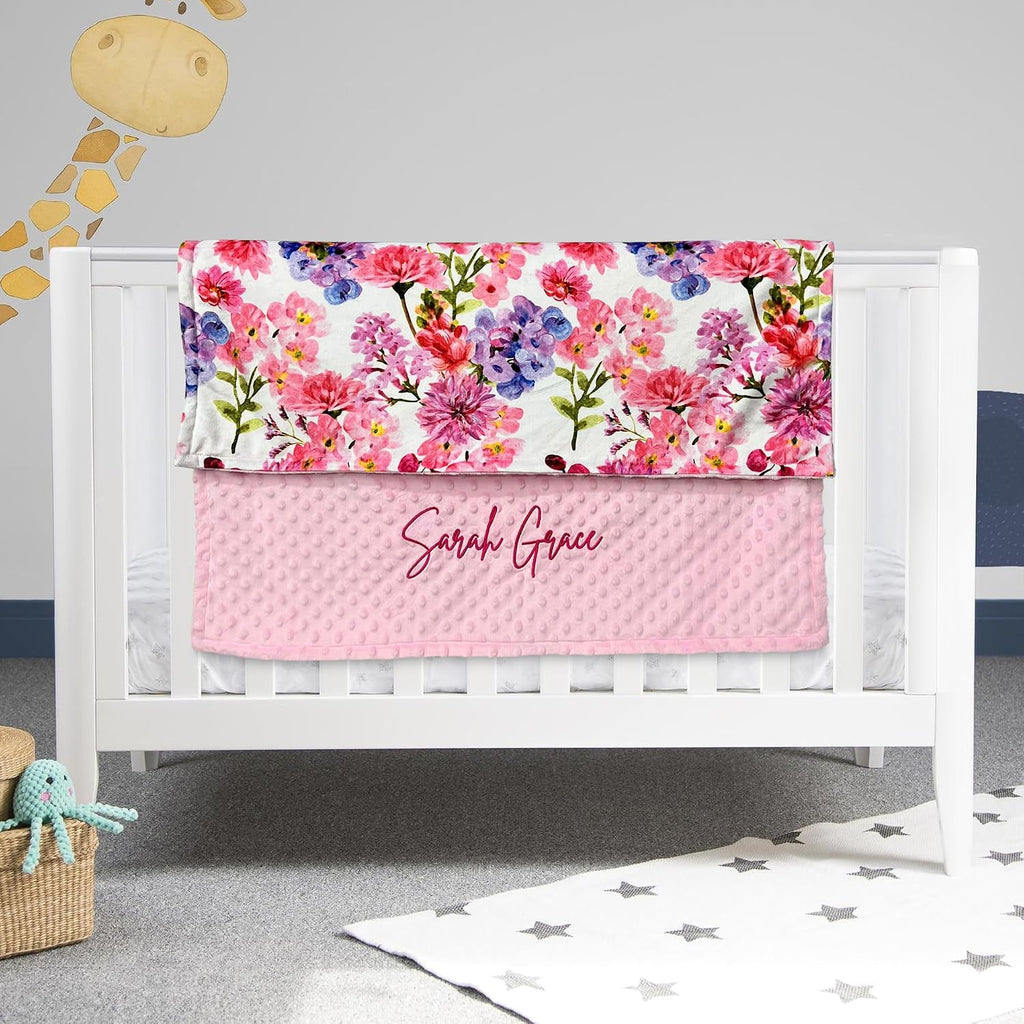 Blanket 28x36in Custom Minky Blanket with Name Embroidery - Super Soft Plush for Newborn Boys & Girls (Pink Floral)
