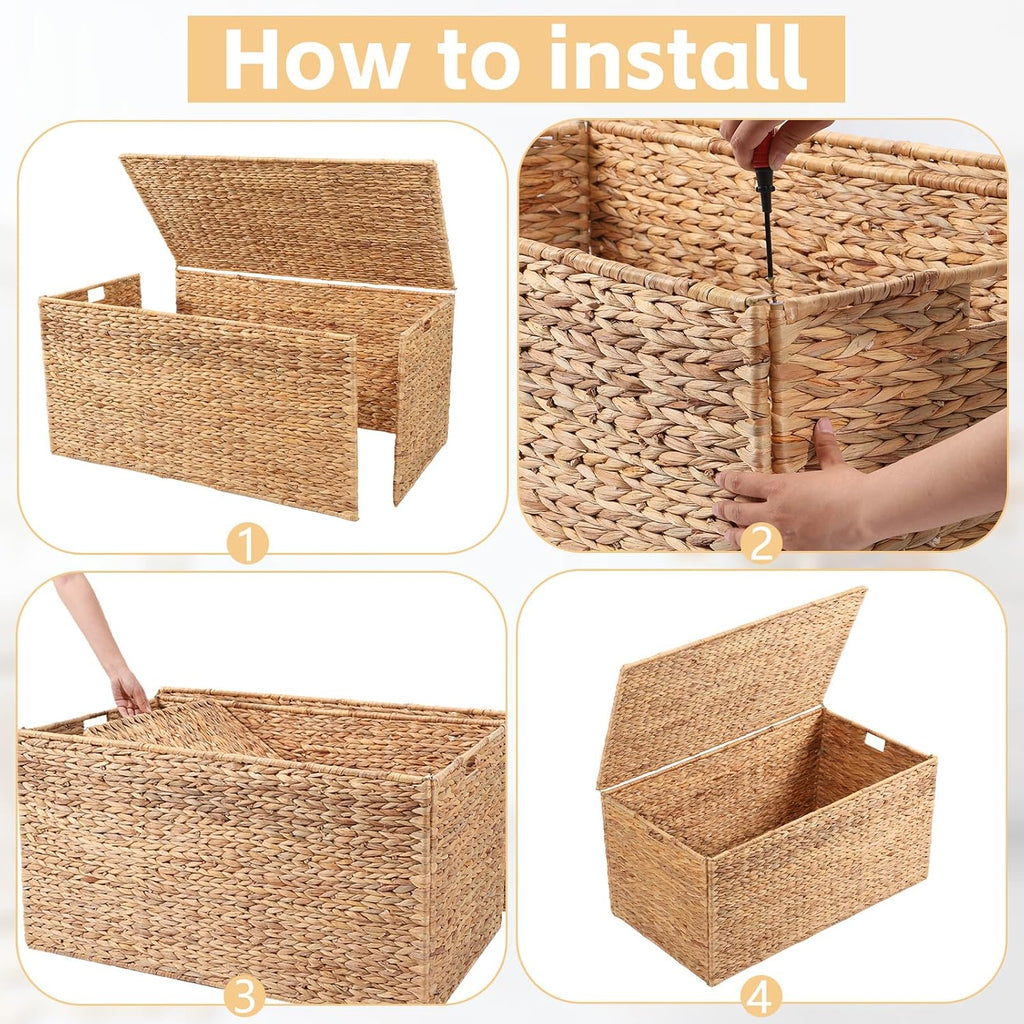 Water Hyacinth Wicker Storage Trunk with Metal Frame 36x20x18.5Inch Large Rattan Basket Decorative Blanket Chest