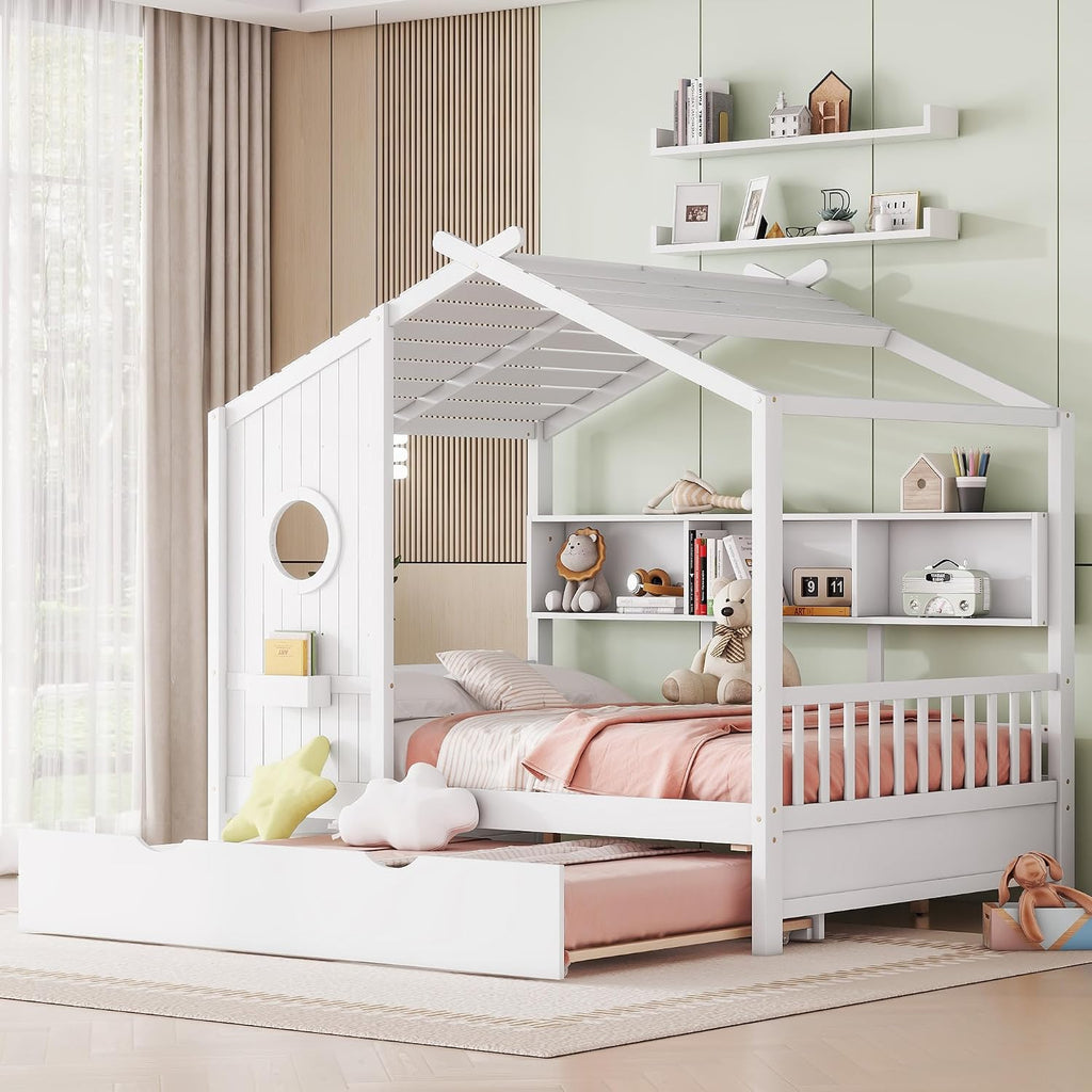 Full Size Bed Frames with Trundle, House Bed for Kids with Storage Shelves, White, 78" L X 58" W X 72" H