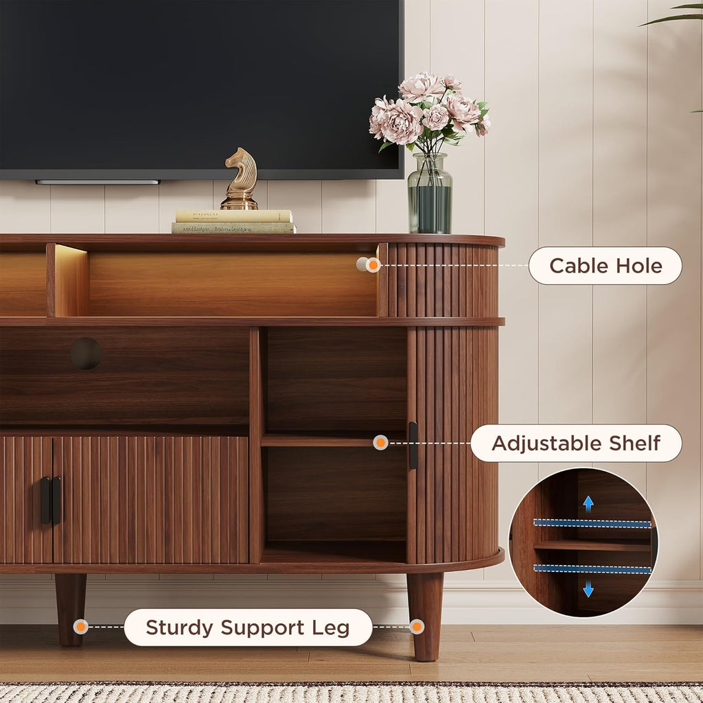 59" Fluted TV Stand with Sliding Doors, Mid Century Modern TV Stands for Tvs up to 65", Entertainment Center with