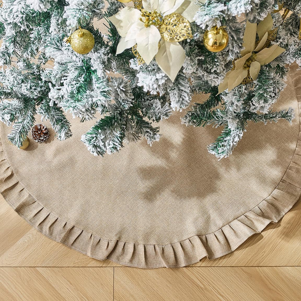 Christmas Tree Skirt Linen Burlap with Ruffle Edge 36 Inch, Natural Farmhouse Rustic Christmas Tree Skirt Collar