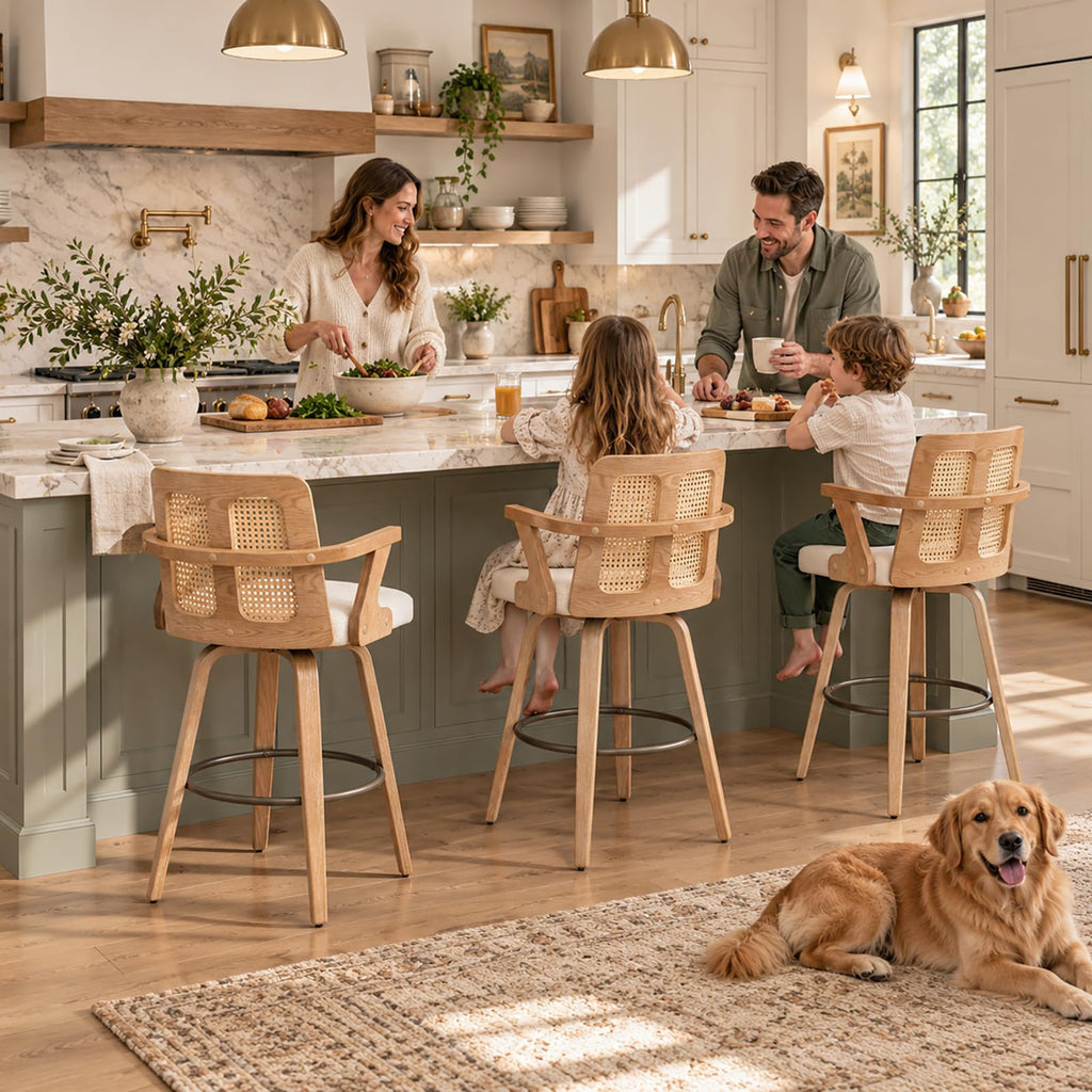 Swivel Counter Height Bar Stools, Walnut Counter Stools with Cane Back
