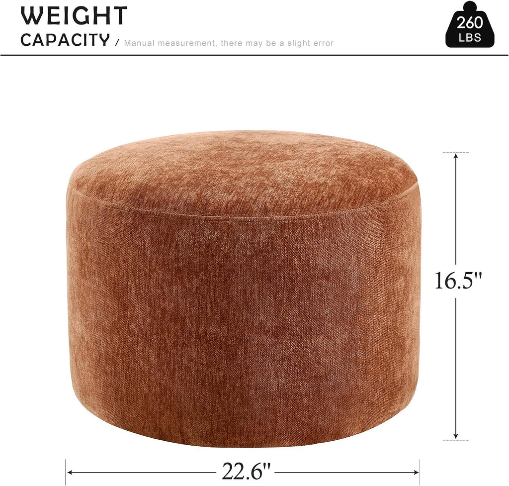 Upholstered Round Pouf Ottoman, Modern Footstool, Orange-Brown | Small Chenille Footrest with Soft Padded Seat & Wood