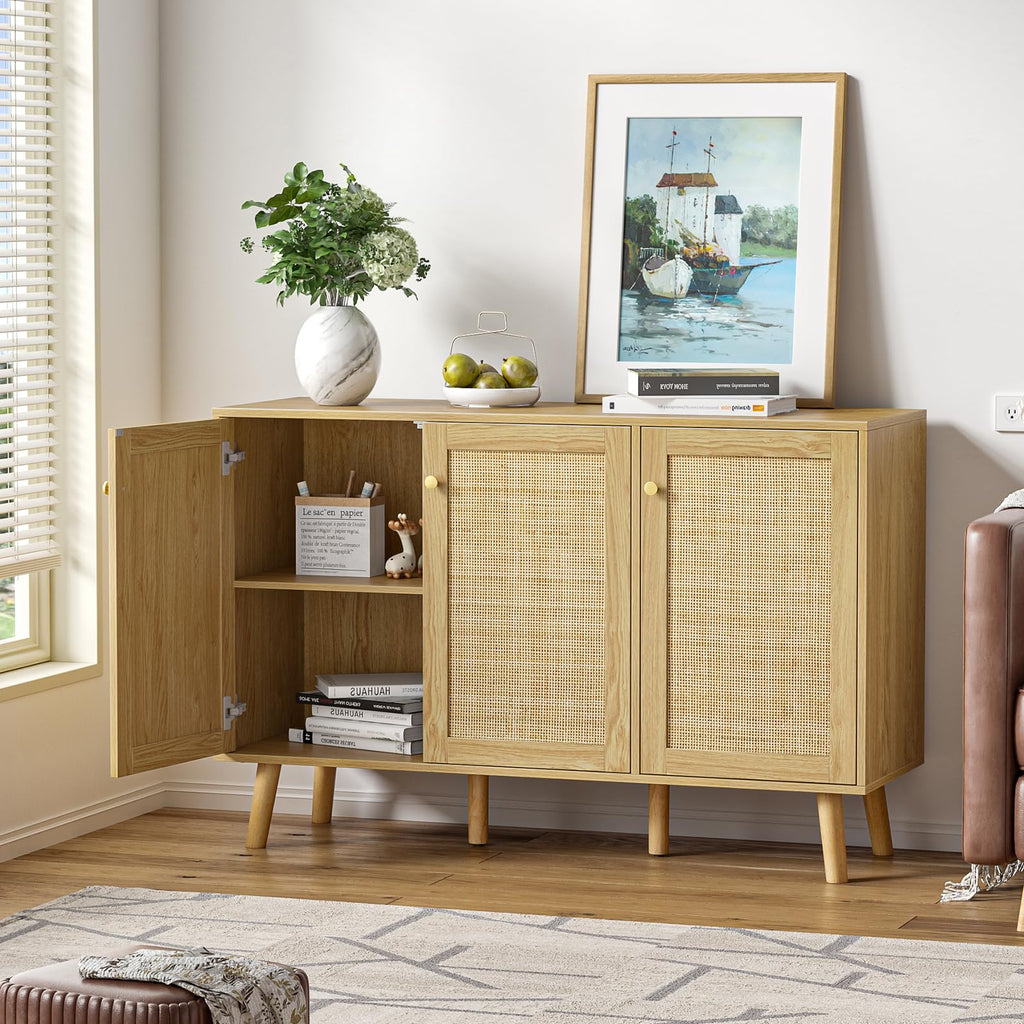 Sideboard Cabinet with Natural Rattan Doors, Hallway Buffet Cabinet Entryway Accent, Storage Cabinet