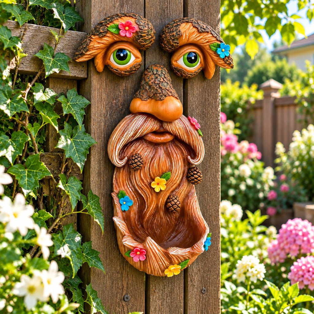 Tree Face Decor with Flowers - Old Man Tree Hugger Outdoor Garden Statue