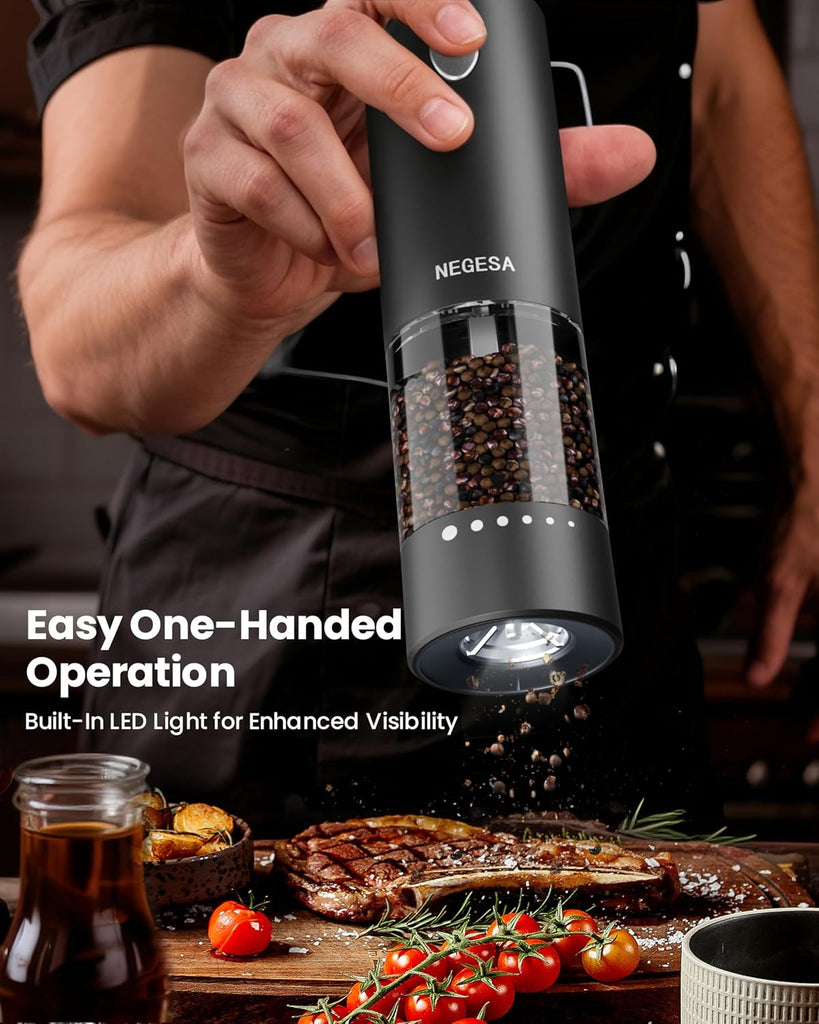Electric Salt and Pepper Grinder Set with Rechargeable Base - Automatic Refillable Electric Salt and Pepper Shakers - Set of 2