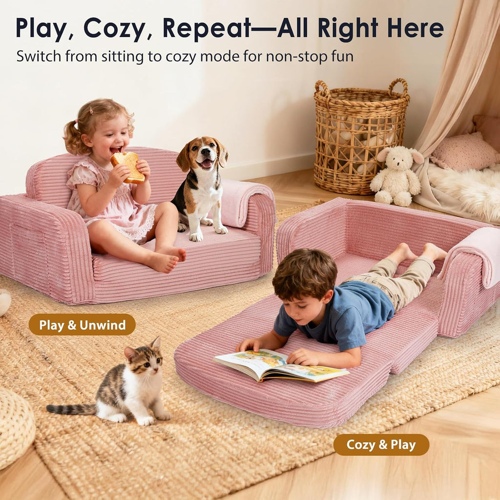Extra Wide 2 in 1 Convertible Toddler Kids Couch - Corduroy Fold Out Kids Sofa Chair with Blanket, Comfy Comfortable