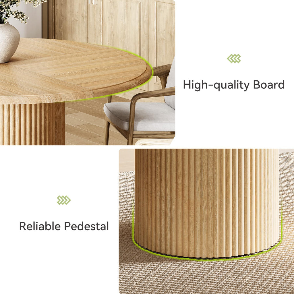 47 Inches Round Dining Table for 4, Farmhouse Natural Wooden Dining Room Table with Heavy Duty Fluted Pedestal, Large