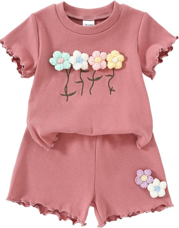 Toddler Baby Girl Clothes Outfits,Summer Ruffle Ribbed Flower T Shirt Shorts Set Clothes for Girls