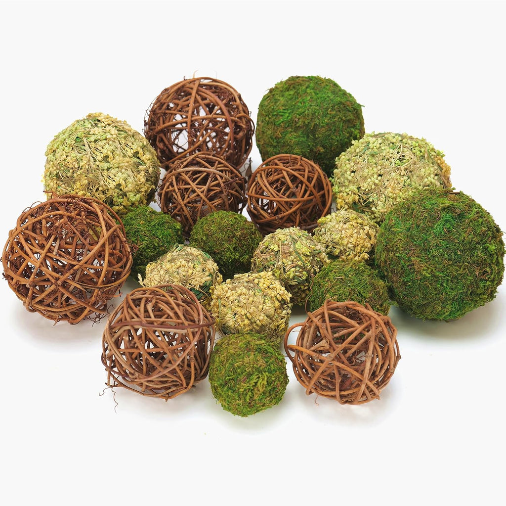 Decorative Balls for Centerpiece Bowls, Fake Moss Balls + Wicker Rattan Balls Set Vase Bowl Filler Garden - Set of 18