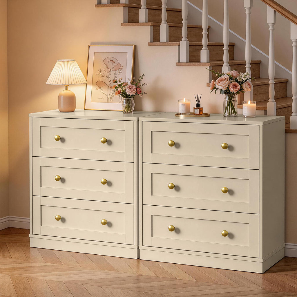 Small 3 Drawer Dresser, Beige Dresser, Wood Nightstand with Drawers, Modern Chest of Drawers for Closet, Living