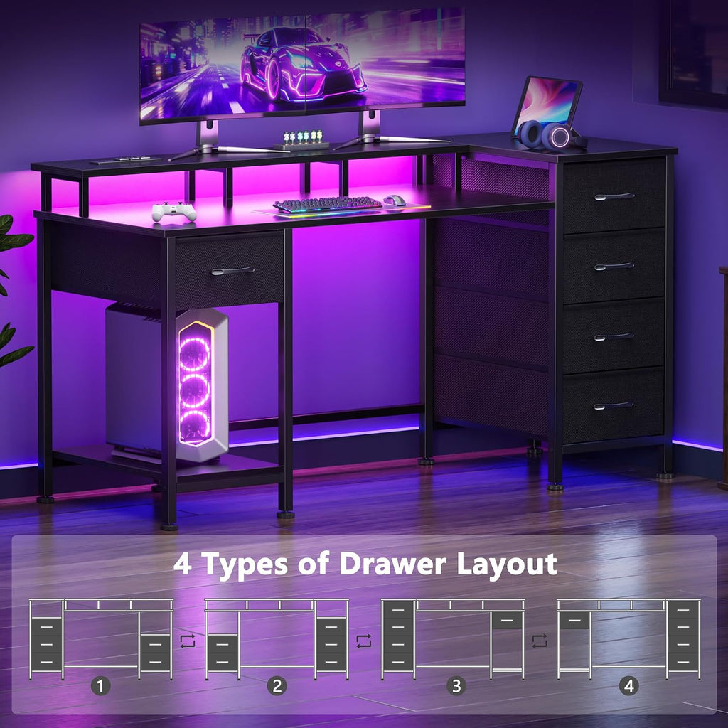 47 Inch Gaming Desk with Power Outlets and LED Lights, Reversible Computer Desk with 5 Fabric Storage Drawers, Home