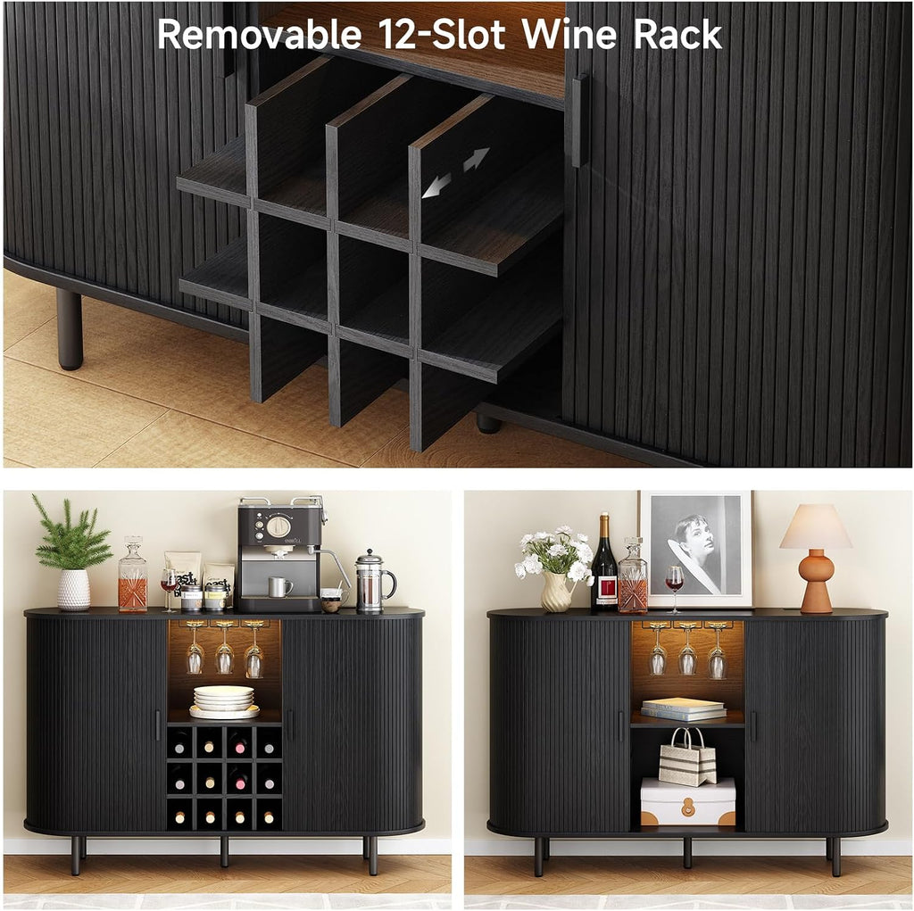 55" Fluted Wine Bar Cabinet with LED Light Black | Liquor Coffee Bar Cabinet, with Wine Rack and Glass Holder