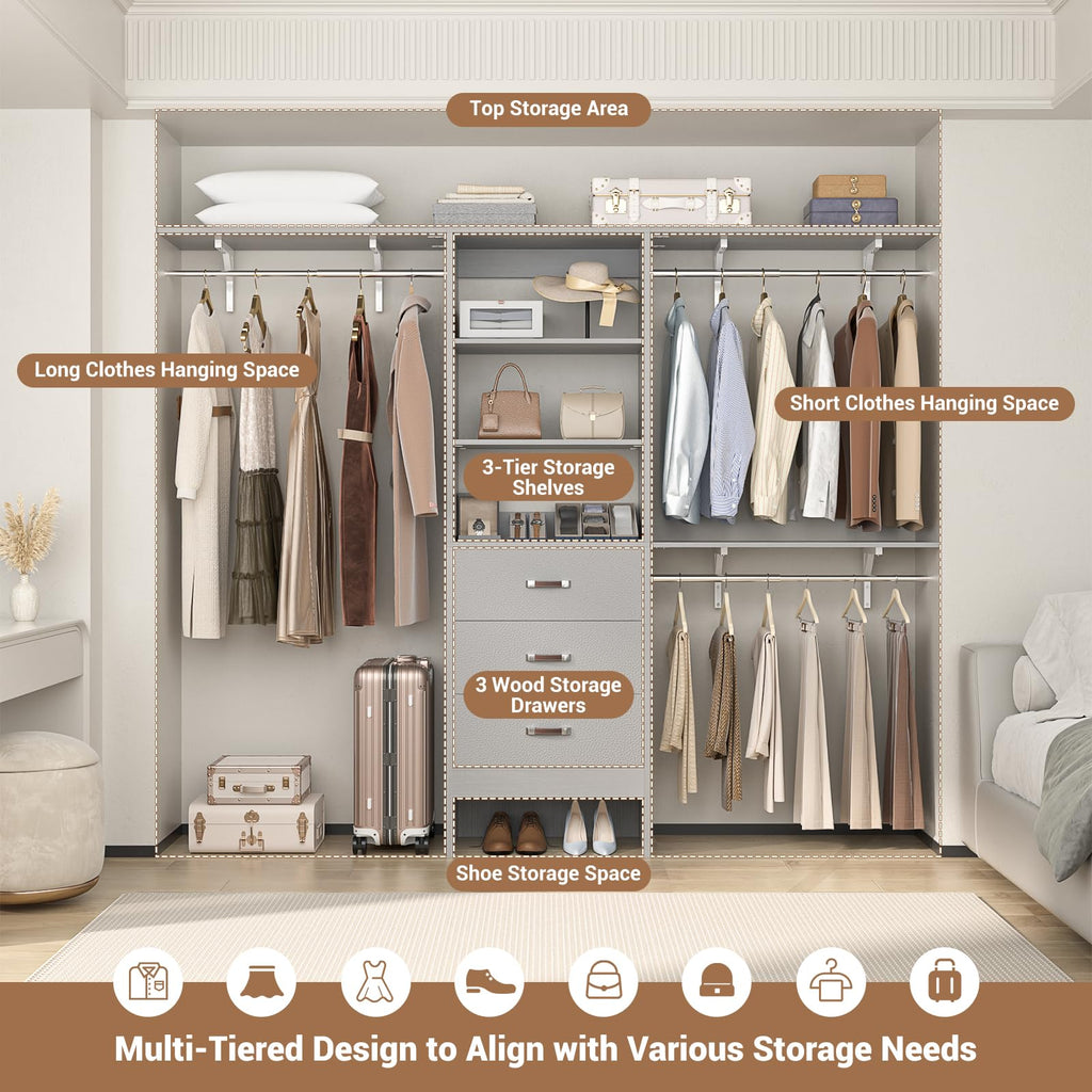 Closet System with Drawer - 8FT Wood Closet Organizer System with 3 Hanging Rods and Shelving Tower, 96" Walk In