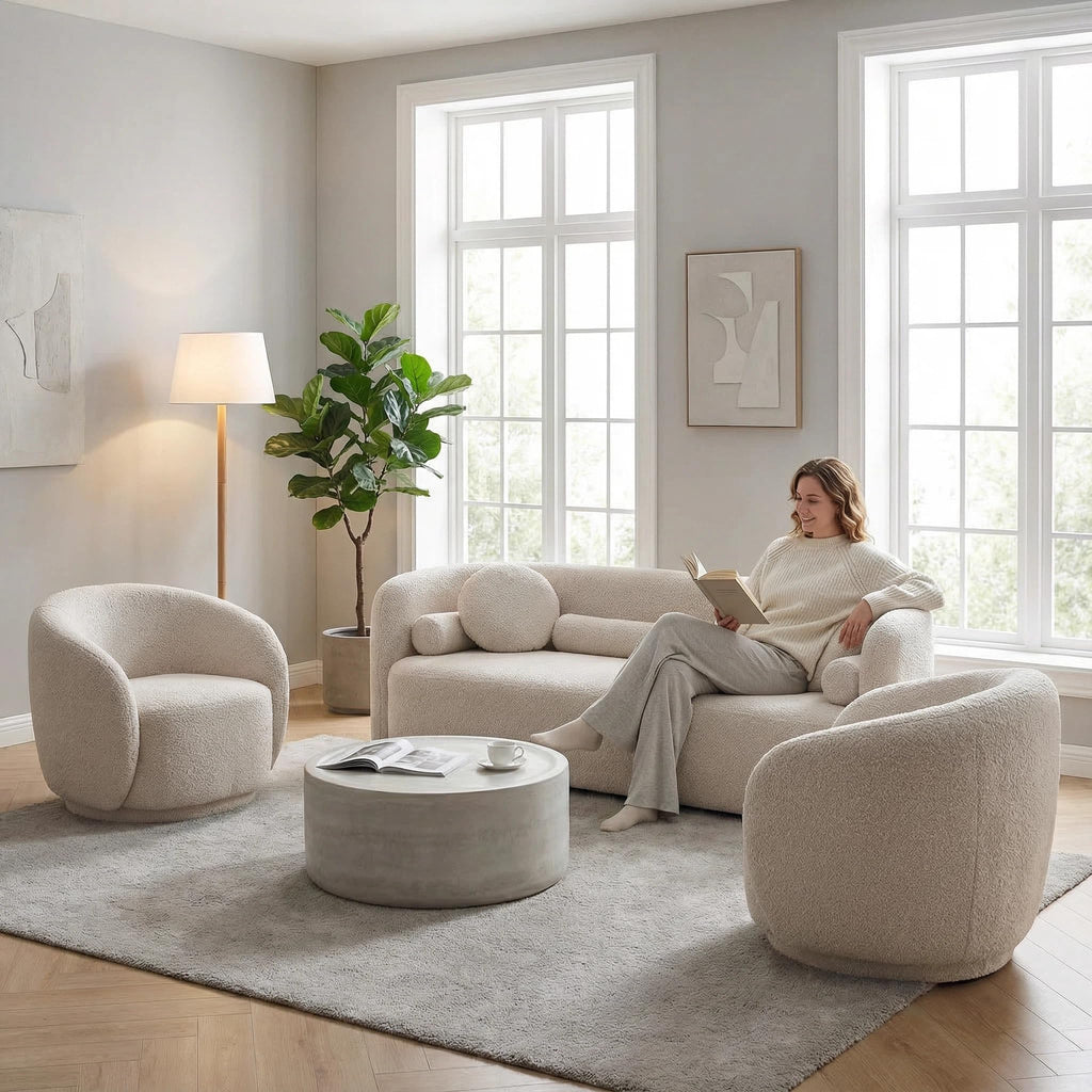 Beige Curved Back Sofa Set of 3, 5 Seater, Solid Wood Frame, Boucle Fabric