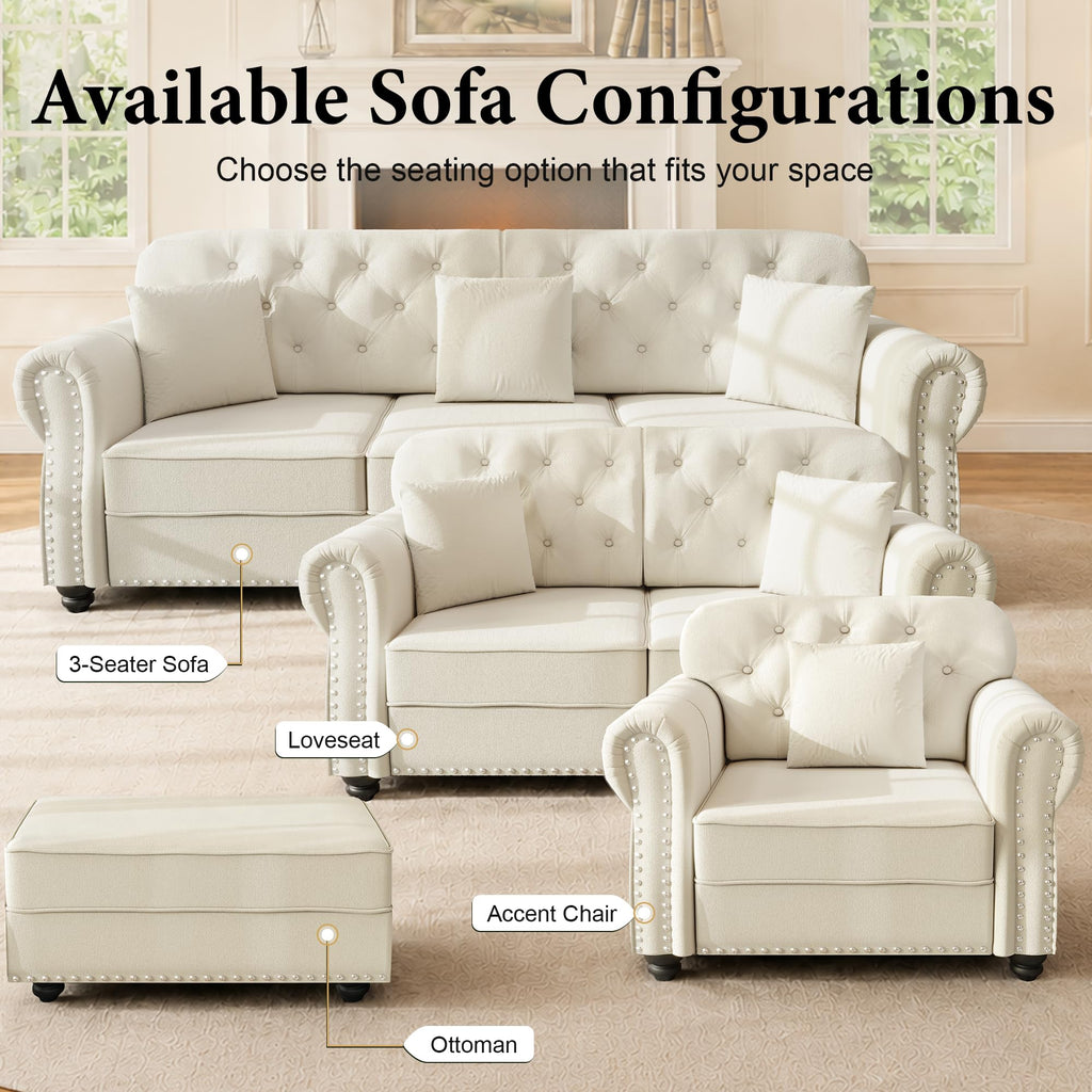 2-Piece Velvet Chesterfield Sofa Set with Ottoman, Deep Seat Button Tufted Couch with 3-Seater Sofa & Loveseat
