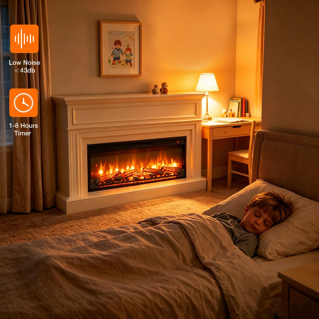 42" Electric Fireplace Insert, Realistic Flame & Log Set, 4-Level Brightness, 1400W Fireplace Heater with Thermostat