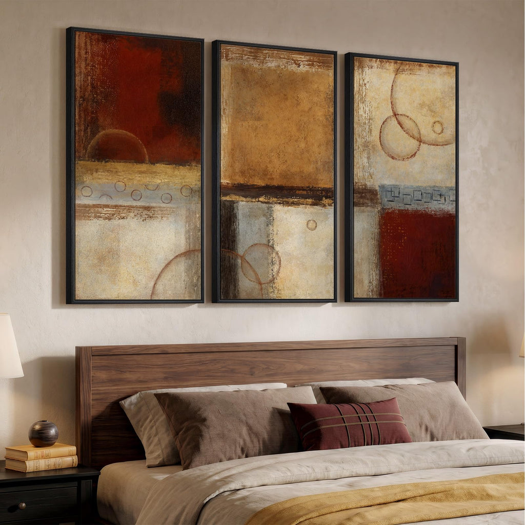 Large Framed Brown Red Abstract Wall Art, 3 Piece 20x40 In
