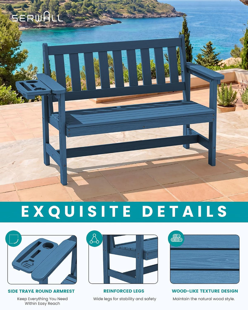 HDPE Outdoor Bench, Weatherproof Porch Bench, 1 Pack, Navy | 660 lbs Weight Capacity, Suitable for 2 Person, HDPE