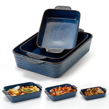 Kiln-Transformed Blue Ceramic Baking Dish Set of 3, Casserole Dishes for Oven, Rectangular Porcelain Bakeware Set