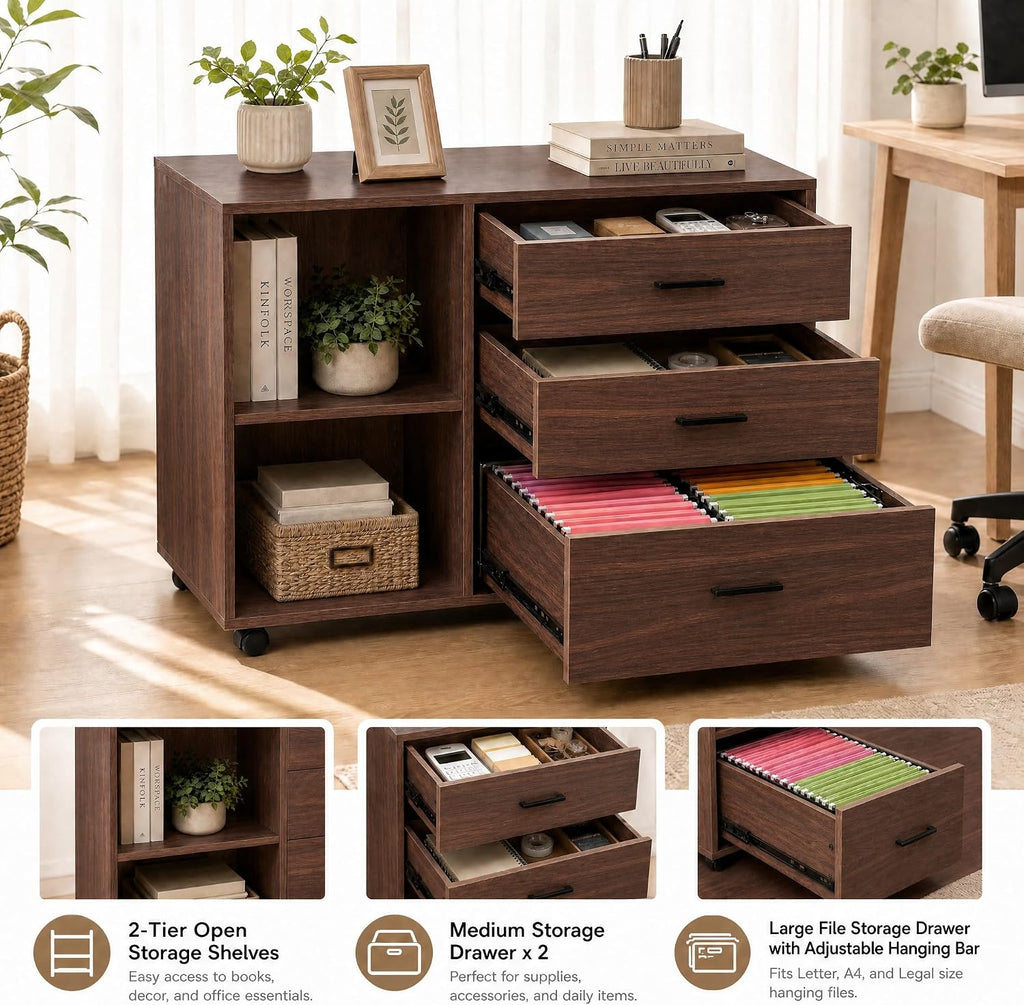 39" Wooden Filing Cabinet with Open Storage Shelf and 3 Drawers | Rolling File Cabinet with Adjustable Hanging Rail