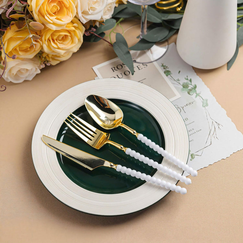 120 Pcs Gold Plastic Silverware with White Beads Handle